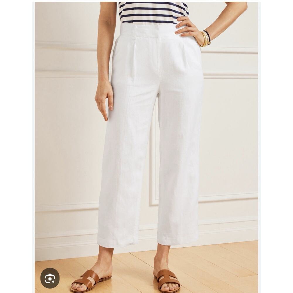 Talbots Bristol High Rise Straight Cropped White Linen Pants Beach Coastal SZ 10